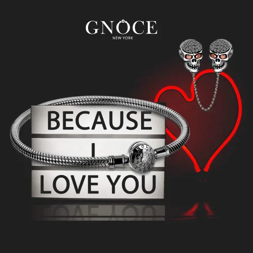 Vista 4 de GNOCE Pulsera con colgante de calavera negra con cadena de seguridad de plata de ley con cadena de serpiente Because I Love You Basic con cierre