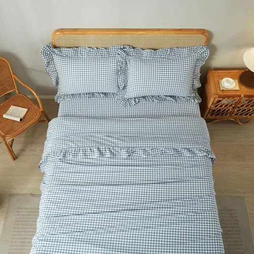 Vista 9 de LifeTB Gingham Ruffle Twin Sheets Set Soft Microfiber Blue Plaid Bed Sheets Volante - Azul Gingham