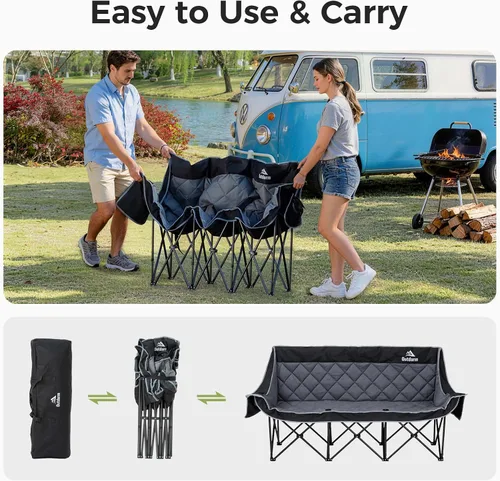 Vista 9 de Silla de campamento acolchada para 3 personas, sofá de campamento de gran tamaño, silla de campamento doble plegable resistente, sofá de dos plazas