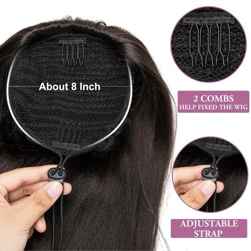 Vista 5 de Extensión de cabello corto negro con cordón para mujeres negras, cola de caballo recta de 14 pulgadas con rizos finales, postizos sintéticos