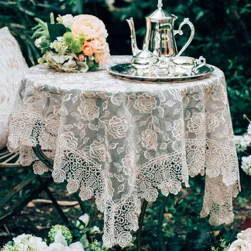 Vista 16 de ARTABLE Mantel rectangular pequeño de encaje de macramé, mantel vintage bordado estilo shabby chic para mesa oblonga para banquete de boda, Dorado