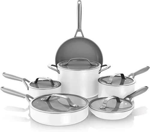 Vista 22 de Juego de ollas y sartenes Ninja antiadherentes Juego de utensilios de cocina de cerámica premium de vida extendida 9 piezas antiadherentes Gris