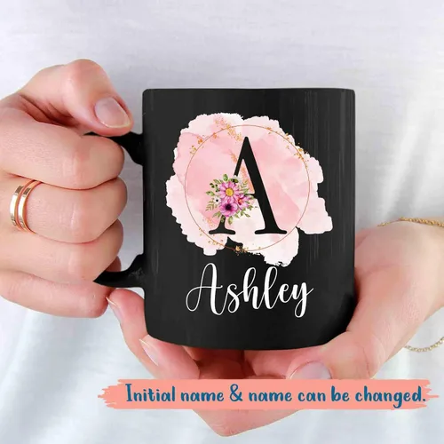 Vista 2 de Taza personalizada con nombre inicial, taza con monograma personalizado, 11 y 15 onzas, cerámica negra
