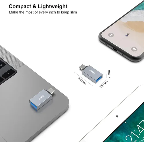 Vista 7 de BENFEI Paquete de 5 adaptadores USB C a USB 3.0, adaptador USB C a A macho a hembra compatible con iPhone 15 Pro/Max, MacBook Pro/Air 2023, iPad Gris