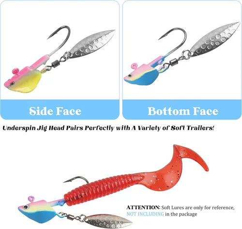 Vista 4 de Jig Heads anzuelos de pesca, 10 piezas de Walleye Jigs Spinner Baits Underspin Jig Heads con hoja de sauce colorido pintado resplandor plantillas