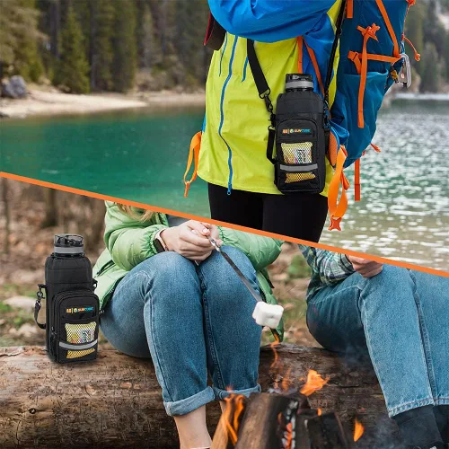 Vista 6 de SUN CUBE Portabidón de agua con correa, bolsa aislada para botella de agua con bolsillo para teléfono, soporte cruzado para botella para caminar