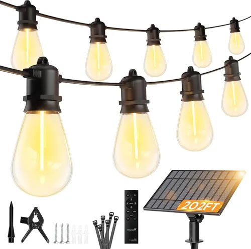 Vista 15 de Minetom Tira de luces solares de 34 pies para exteriores con control remoto, luces de patio con 10 bombillas LED inastillables y ganchos, enchufe