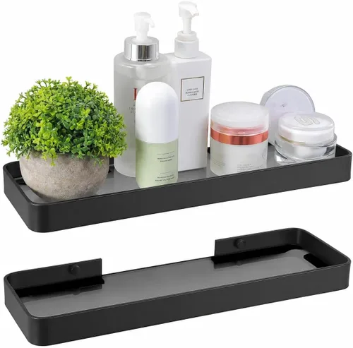 Vista 9 de Z metnal Estantes pequeños de vidrio para baño, estante flotante negro mate, mini organizador de estantes de pared, montado en la pared