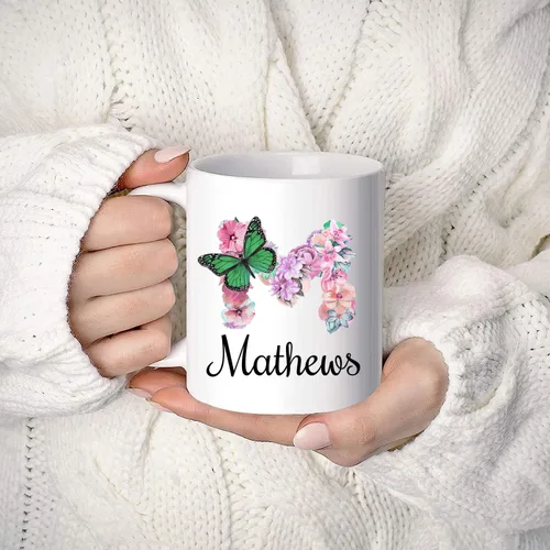Vista 5 de Taza personalizada con nombre y alfabeto floral, taza personalizada con nombre e inicial, taza con nombre, regalo para mamá, hermana, niñas, tazas