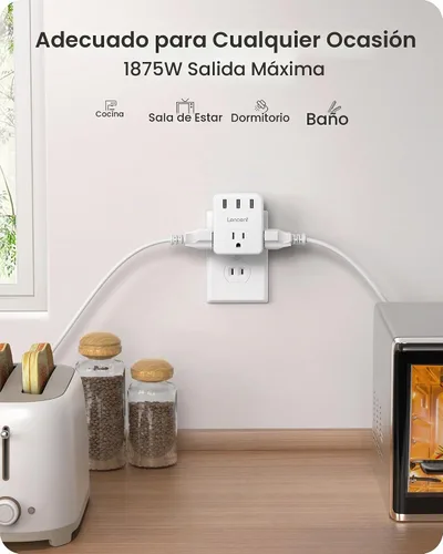 Vista 7 de LENCENT Adaptador de 3 clavijas a 2 clavijas, paquete de 2, extensor de 3 tomas de corriente con 3 USB