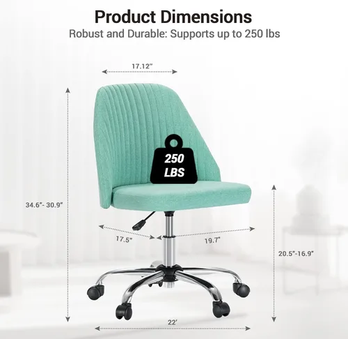 Vista 2 de YSSOA Silla de escritorio de oficina con respaldo y ruedas, silla de tela para computadora, sin brazos, altura ajustable, cómoda silla de tocador