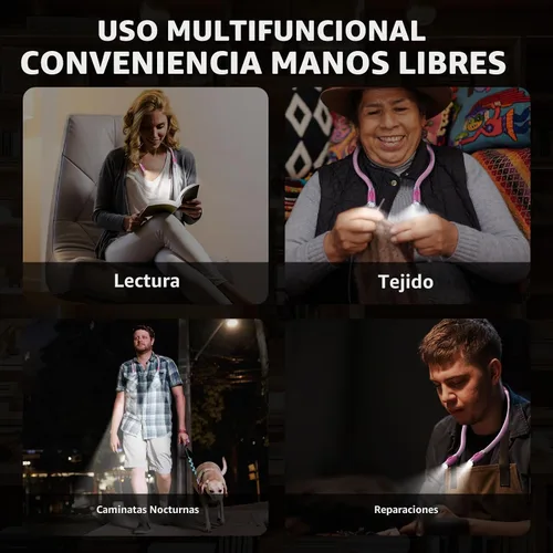 Vista 7 de LUXJET Luz de lectura de cuello y luz de libro para leer en la cama, manos libres, 3 colores y 6 niveles de brillo, brazos flexibles de 360° Rosa
