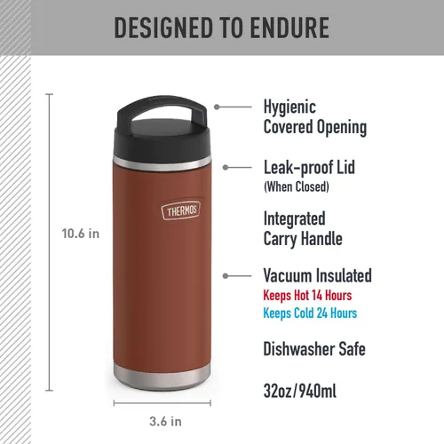 Vista 2 de THERMOS Serie ICON Botella de agua de acero inoxidable con tapa de rosca - 32 onzas, color Saddle - Botella de agua aislada al vacío con tapa