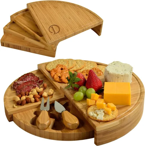 Vista 20 de Tabla Picnic at Ascot de bambú, para aperitivos, con herramientas para queso, espirales de una cuña compacta de 13 pulgadas de diámetro, patentado