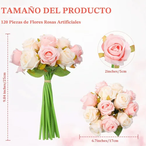 Vista 2 de Jexine - 120 rosas artificiales de seda a granel, color rosa y blanco