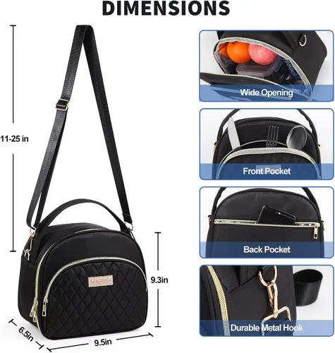 Vista 3 de LLEGASTE Bolsa Térmica de Almuerzo Negra Bonita para Mujeres Trabajo, Lonchera Reutilizable para Adultos para Mujeres, Elegante Bolsa Enfriadora