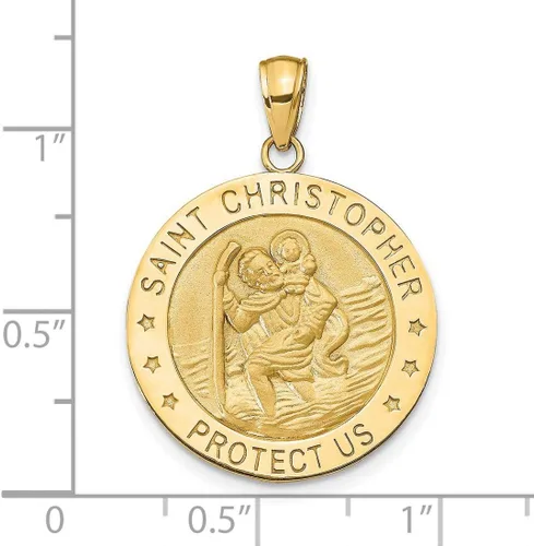 Vista 3 de Colgante de medalla sólida redonda de San Cristóbal con texto "Protect Us Words" en oro real de 14 k
