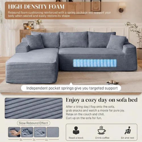 Vista 3 de Sofá modular sin hueso de 95 pulgadas, en forma de L con diván, tapicería de pana suave, asiento profundo, moderno y cómodo sofá para sala de estar