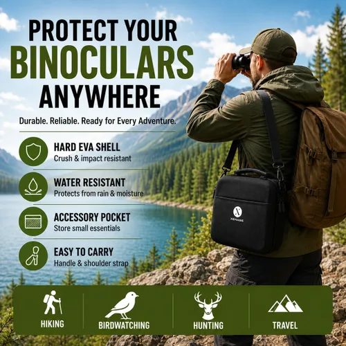 Vista 2 de Estuche para binoculares, funda protectora rígida de EVA con exterior resistente al agua, asa de transporte y correa para el hombro, se adapta a