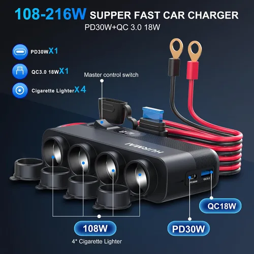 Vista 2 de Cargador de Coche Resistente de 10 Pies 12V/24V, Adaptador de Encendedor de Cigarrillos de 216W de 7 Puertos con Carga Rápida USB-C PD30W/QC3.0