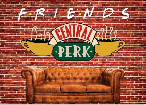 Vista 9 de Fondo de 6 x 4 pies para fiesta de amigos de Central Perk, pared de ladrillo rojo, retro, sofá de pub y café, fondo para fotografía de cumpleaños