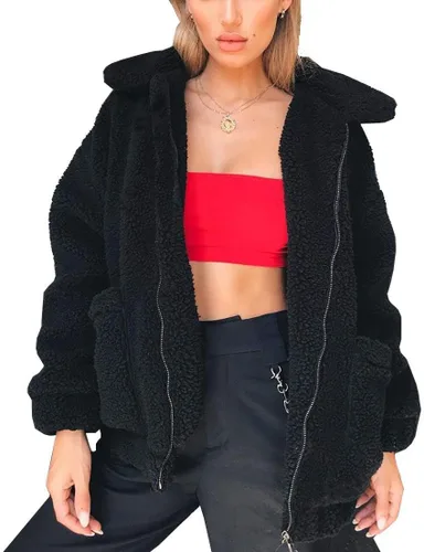 Vista 2 de PRETTYGARDEN - Chaqueta de forro polar Sherpa de gran tamaño para mujer Negro