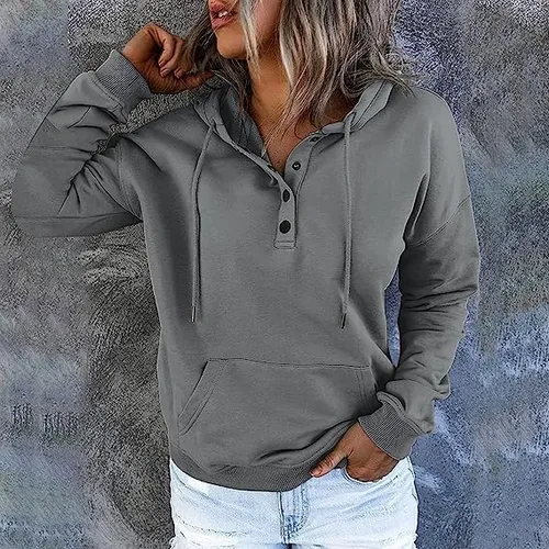 Vista 3 de Sudaderas de otoño para mujer, moda 2023, manga larga, invierno, casual, cómodas, con botones, ropa de Drwastring