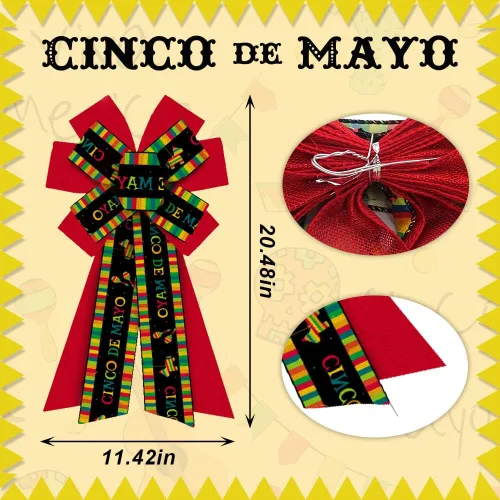 Vista 2 de Hying Arcos grandes de fiesta mexicana para corona, lazos de corona de fiesta mexicana, lazos de arpillera rojos y negros, lazos de burro del Cinco