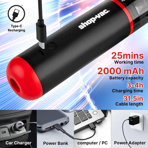 Vista 3 de Shop-Vac Aspiradora de coche y plumero 2 en 1, aspiradora inalámbrica portátil de soplado/succión de 14000 Pa, mini soplador, portátil y ligero