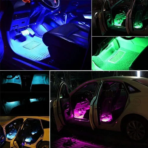 Vista 2 de Tira de luz LED para automóvil, 4 piezas DC 12 V, multicolor, luz de música para interior del automóvil, kit de iluminación LED debajo