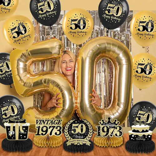 Vista 6 de Decoraciones de fiesta de cumpleaños número 50 en negro y dorado para mujeres y hombres, saludos a los 50 años, pompones de papel, remolino