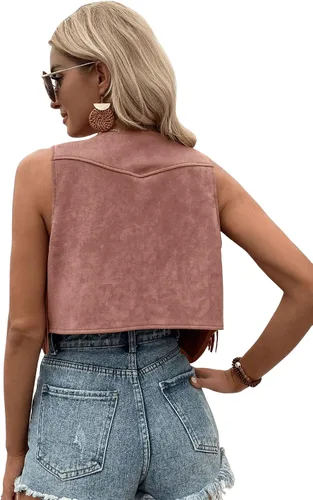 Vista 2 de SweatyRocks Chaleco corto sin mangas con flecos de gamuza para mujer, chaqueta con botones frontales
