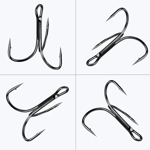 Vista 6 de Anzuelos agudos rojos de pesca, 80/120 piezas, afilado, redondo, curvado, agudos, de acero de alto carbono, ganchos triples para lubina, trucha