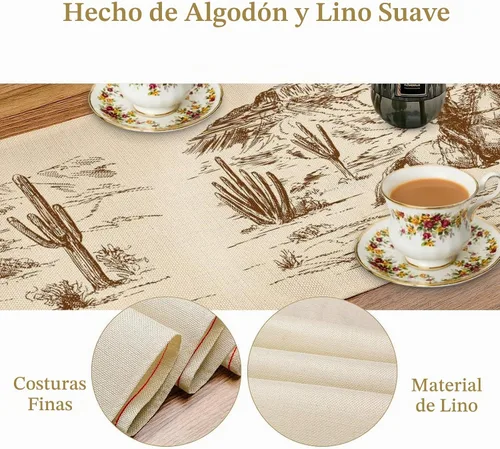 Vista 4 de Camino de mesa de lino de algodón, cuchillo de cocina occidental, tenedor, colección de mesa rectangular, desierto salvaje oeste americano