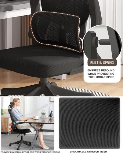 Vista 3 de Silla de oficina de malla, ergonómicas de respaldo alto con ruedas y reposacabezas ajustables, cómodos brazos abatibles para el hogar, dormitorio