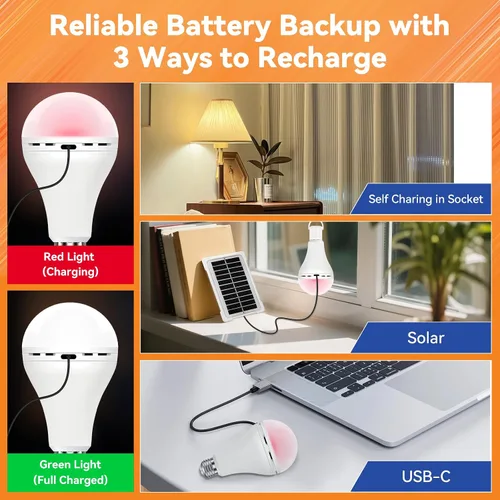 Vista 3 de Bombillas LED Recargables con Control Remoto MagixPro, Carga USB y Enchufe, Batería de 1800mAh, Bombilla LED Regulable para Lámparas Cableadas y No