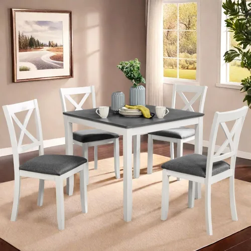 Vista 13 de Juego de mesa de comedor Trygoal para 5, juego moderno de 6 piezas para comedor con mesa rectangular, 4 sillas tapizadas con respaldo y un banco