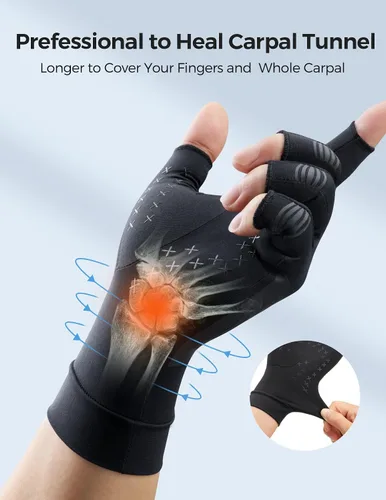 Vista 4 de Guantes de cobre FREETOO para artritis para aliviar el dolor del túnel carpiano, guantes de compresión reforzada para aliviar los dolores de mano