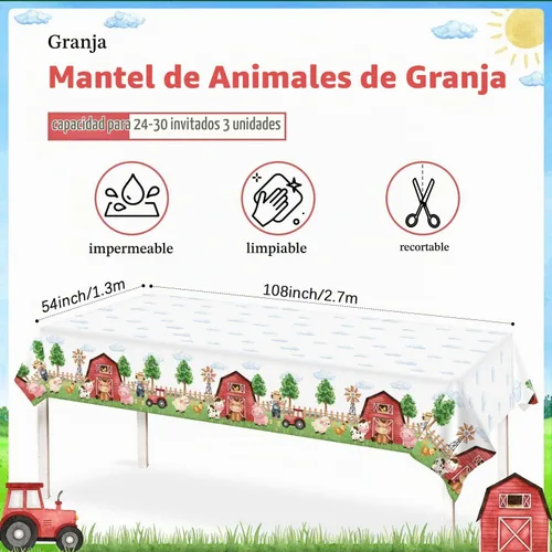 Vista 4 de Mantel rectangular de plástico de 3 piezas de 54 x 108 pulgadas, suministros de fiesta de cumpleaños de granero, decoración para baby shower, niños