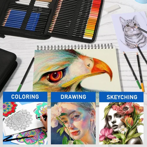 Vista 6 de 146 piezas de lápices de colores para dibujo y bocetos, suministros de arte incluyen lápices de carbón, coloreados, metálicos, acuarela, grafito