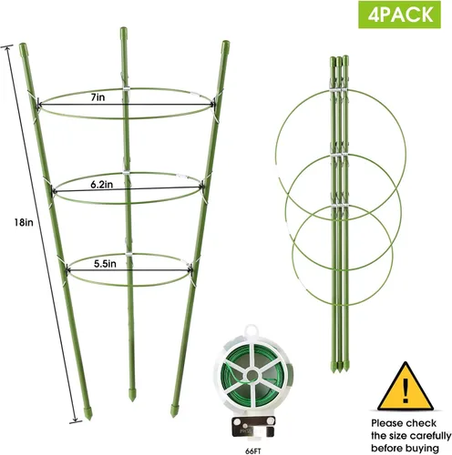 Vista 3 de Paquete de 4 jaulas de tomate, jaulas de soporte de plantas de 18 pulgadas para jardín, estacas de plantas de jardín mejoradas con anillos