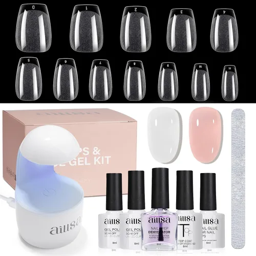 Vista 11 de AILLSA Kit de uñas almendra con lámpara UV, 240 piezas de puntas de uñas cortas de gel y kit de pegamento en gel con pegamento de uñas 2 en 1, capa