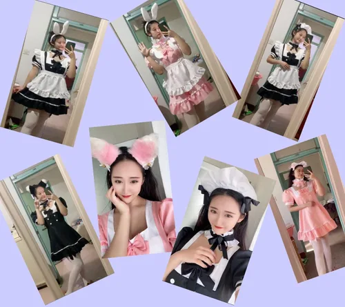 Vista 2 de Disfraz de conejito de sirvienta francesa de anime para niñas, vestido de cosplay con orejas de gato peludo
