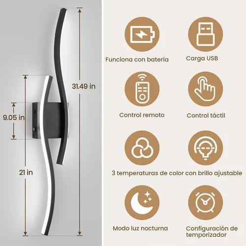 Vista 5 de Apliques de pared a pilas, apliques de pared recargables, luz LED inalámbrica de 3000 K-6500 K, lámpara de pared moderna no cableada para sala