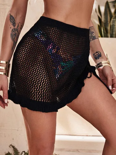 Vista 3 de Romwe Traje de baño de malla con cordón lateral para mujer, falda de playa de malla