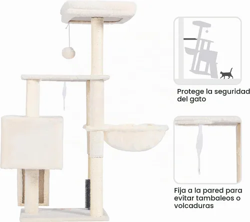 Vista 7 de Heybly - Árbol de gato con cepillo autolimpiante, torre de gato para interior con plataforma acolchada de felpa, casa de gato con cesta, poste