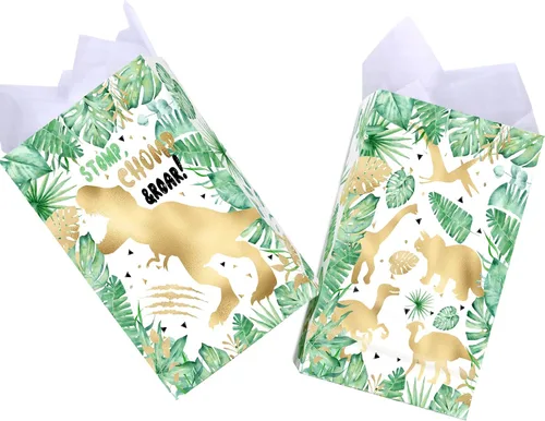 Vista 3 de HaPiBiDesign 24 bolsas de regalo de dinosaurio dorado con calcomanías, bolsas de caramelos de dinosaurio, bolsas de regalo para suministros