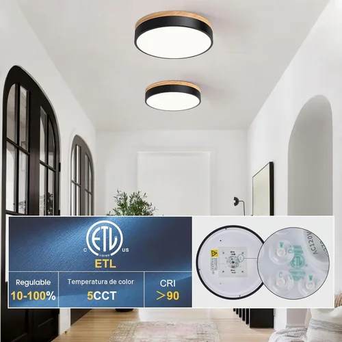 Vista 7 de Yiisem Lámpara de Techo LED de Madera Regulable Empotrada, 5CCT 2700K-6000K Moderna Negra de Montaje al Ras del Techo, Luminarias de Techo Redondas