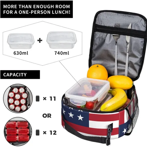 Vista 4 de Lonchera con diseño de bandera estadounidense, bolsas de almuerzo aisladas para mujeres/hombres/niñas/niños, con asa desmontable, bolsa de comida