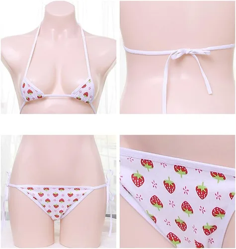 Vista 5 de Conjunto de lencería para mujer, mini bikini de fresa, con cordones, juego de rol, bikini de cuerda en T